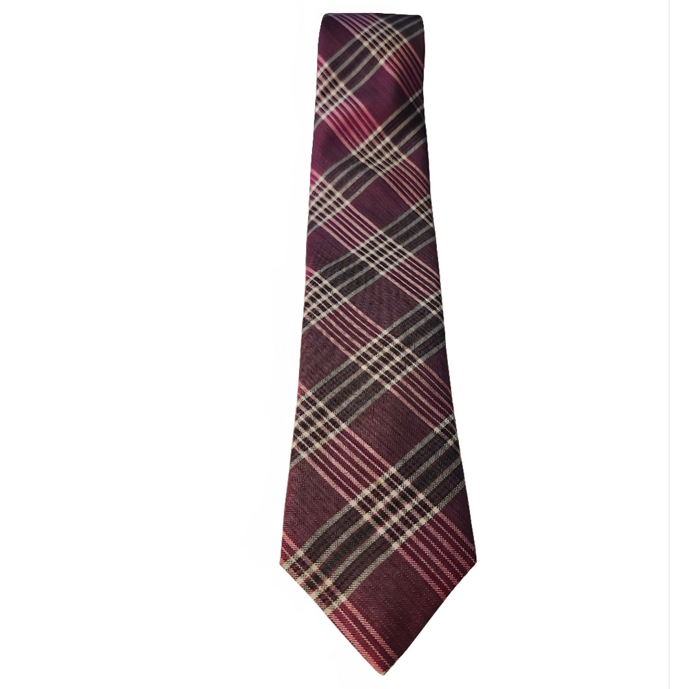 🇫🇷🇮Italian Silk Plaid Tie in Burgundy and Black By Serica. Made In Italy.61"